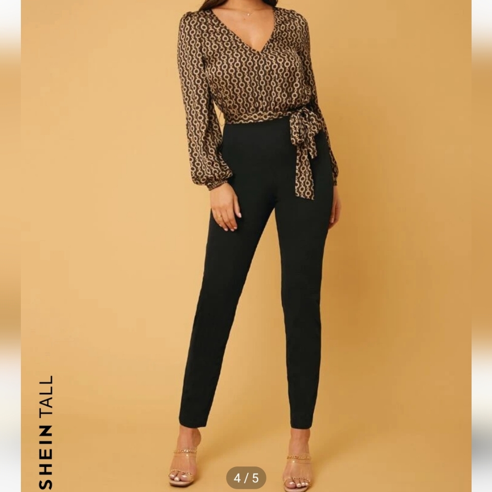 SHEIN Tall Women's Allover Chain Print Bishop Sleeve Colorblock Belted Jumpsuit